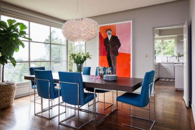 modern dining room with blue chairs