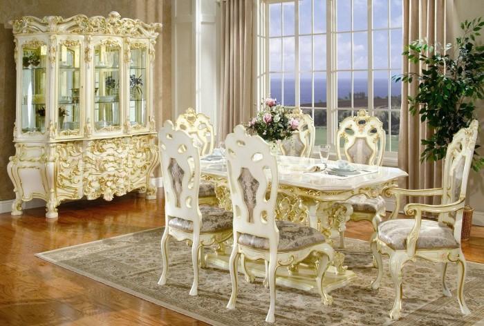 white and gold Victorian dining room design