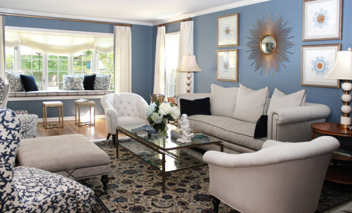 Cream White And Blue Living Room Design