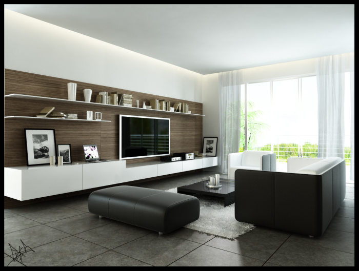 Modern monochromatic livingroom with wood wall panel and dark furniture