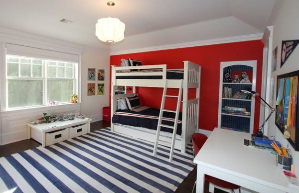 Bedroom with blue and white striped carpet