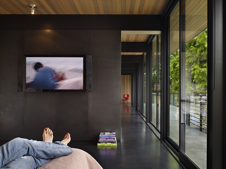 Wood block bedroom with a flat screen TV