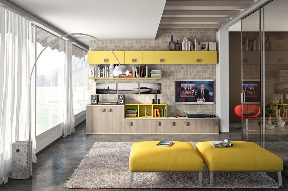 Living Room with yellow storage units