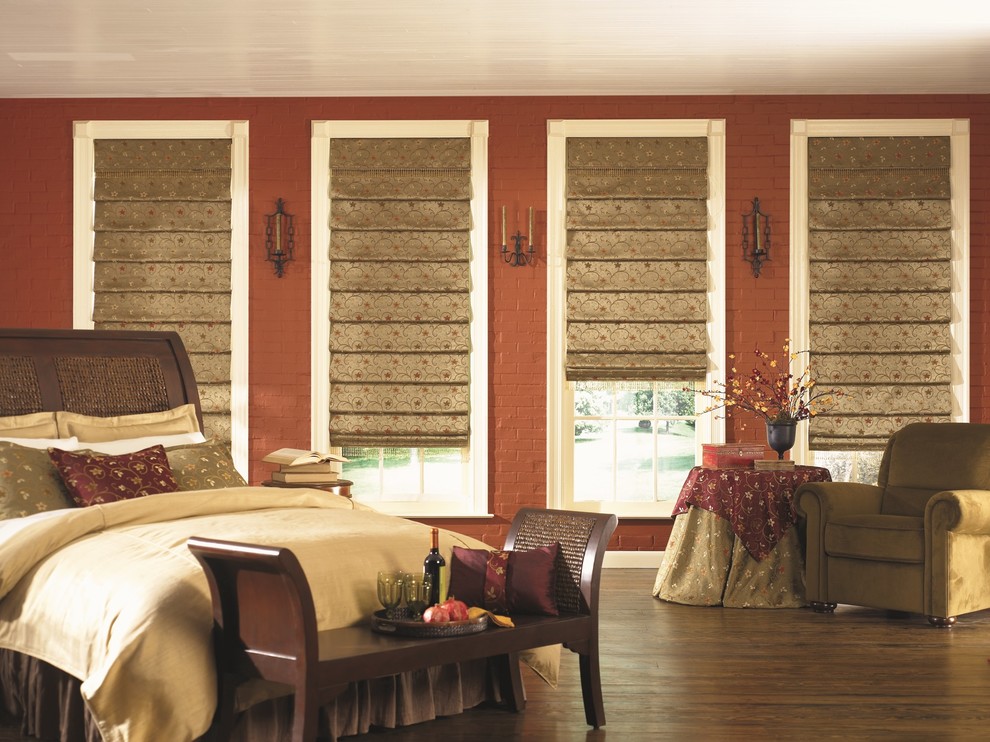 Bedroom with metallic blinds